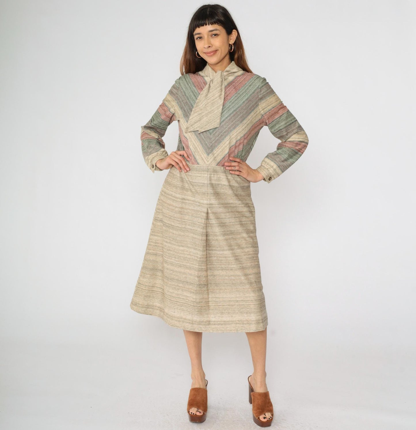 70s Kay Windsor Chevron Stripe Midi Dress Taupe Ascot Long Sleeve Medium Large