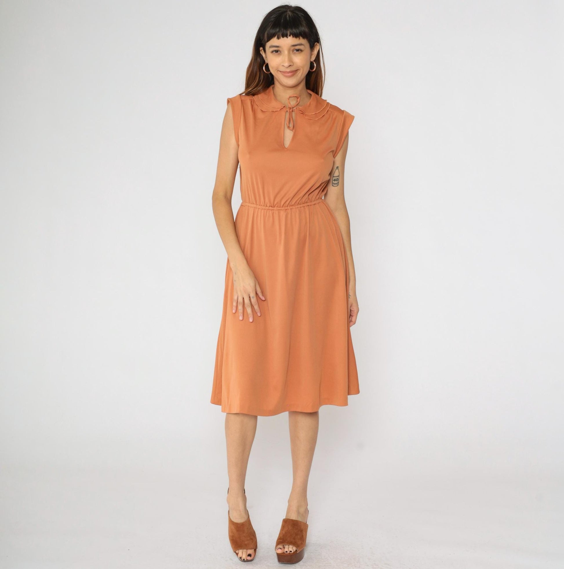 70s Burnt Orange Keyhole Midi Dress Peter Pan Collar Cap Sleeve Small