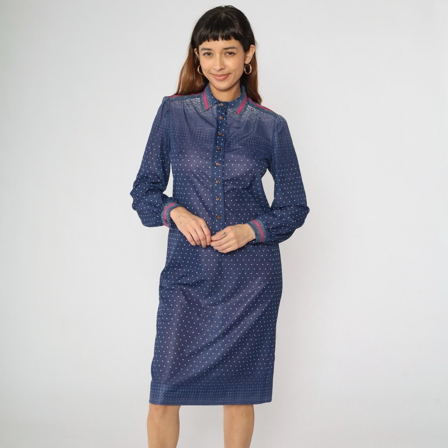 70s Dark Blue Polka Dot Shirtdress Midi Puff Sleeve Collared Button-Up Medium