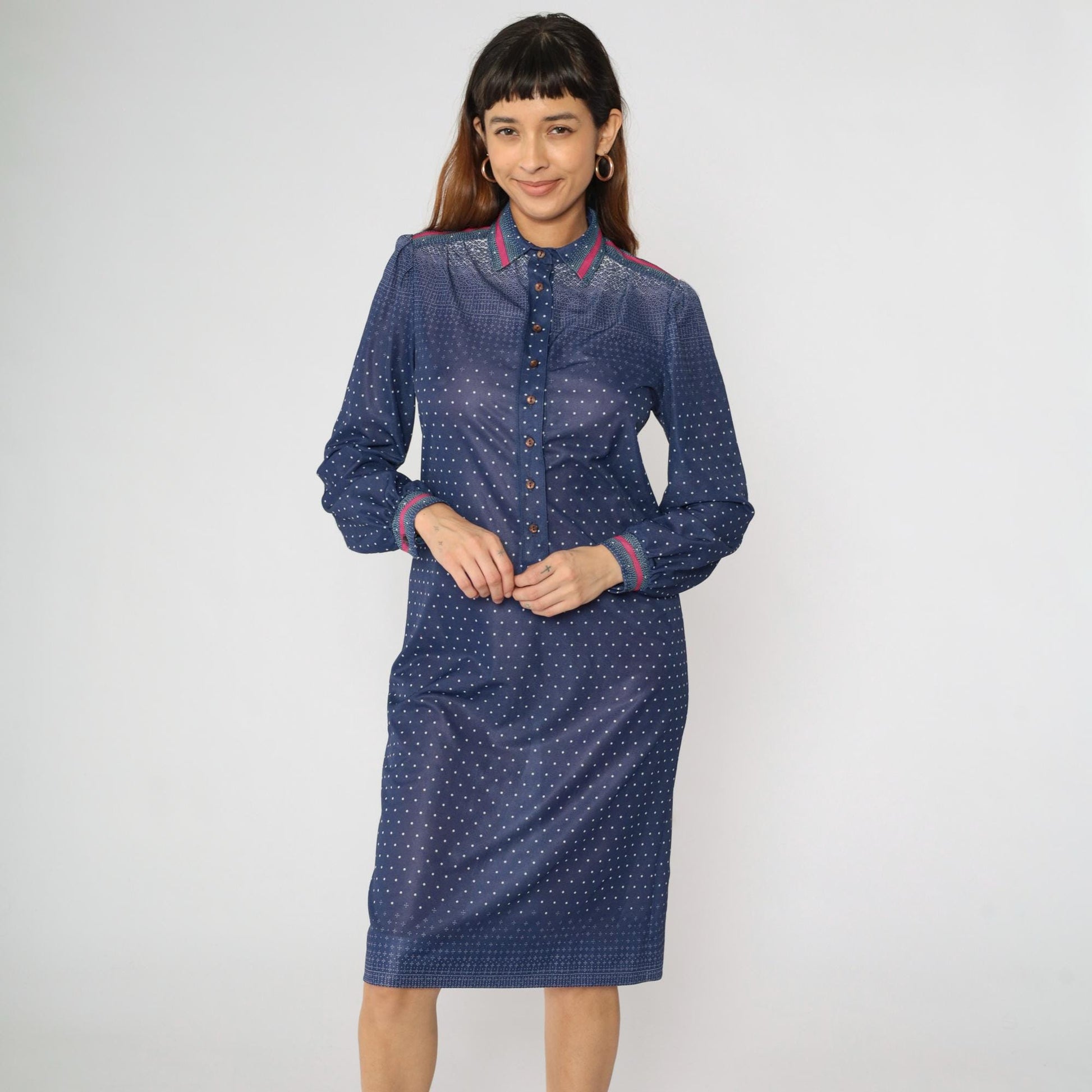 70s Dark Blue Polka Dot Shirtdress Midi Puff Sleeve Collared Button-Up Medium