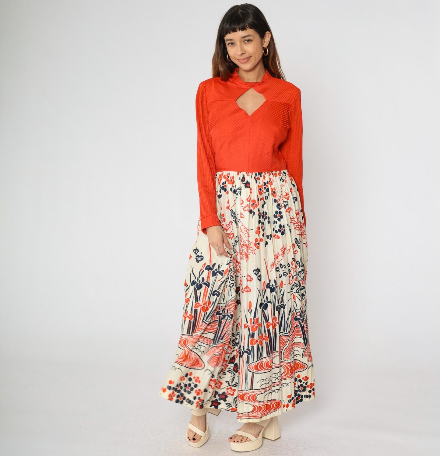 70s Red Floral Japanese Scenic Print Maxi Dress Long Sleeve Keyhole Neckline Large