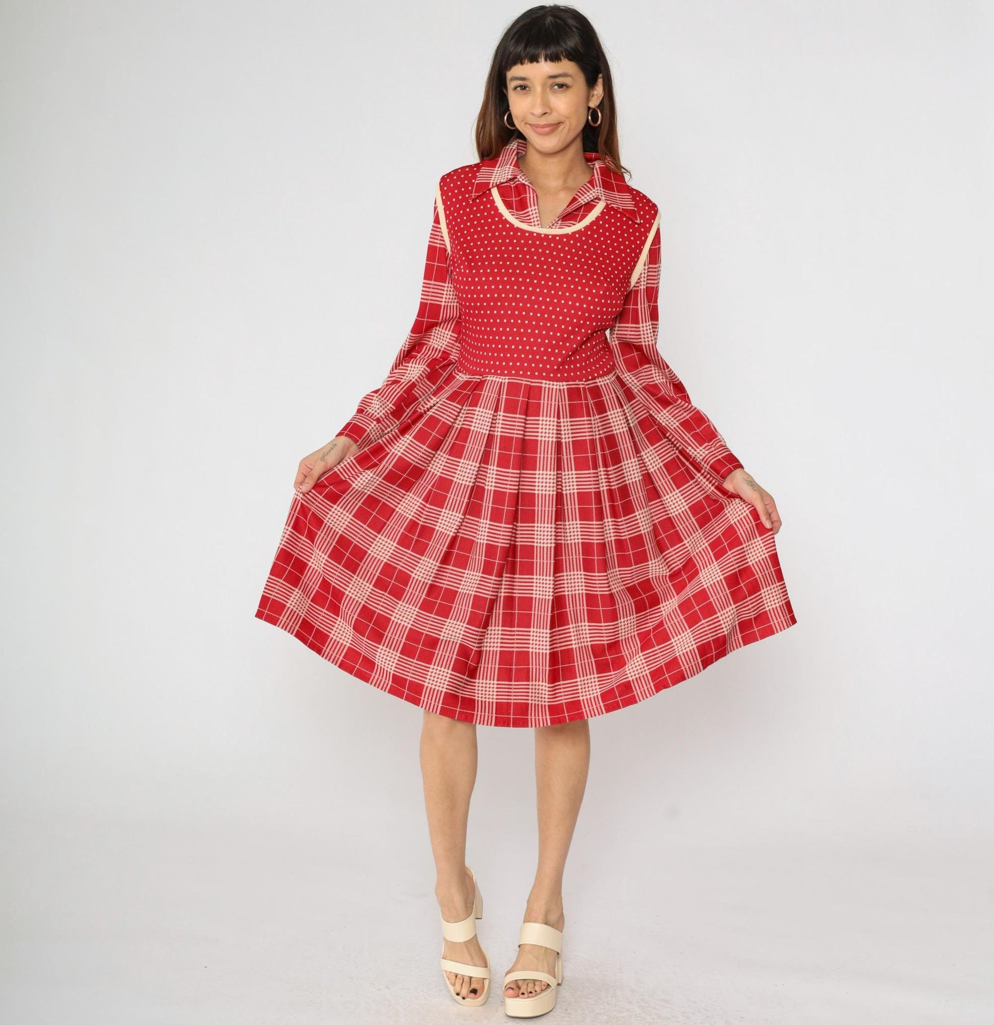 70s Plaid Polka Dot Dress Red High Waist Pleated Vest Midi Medium