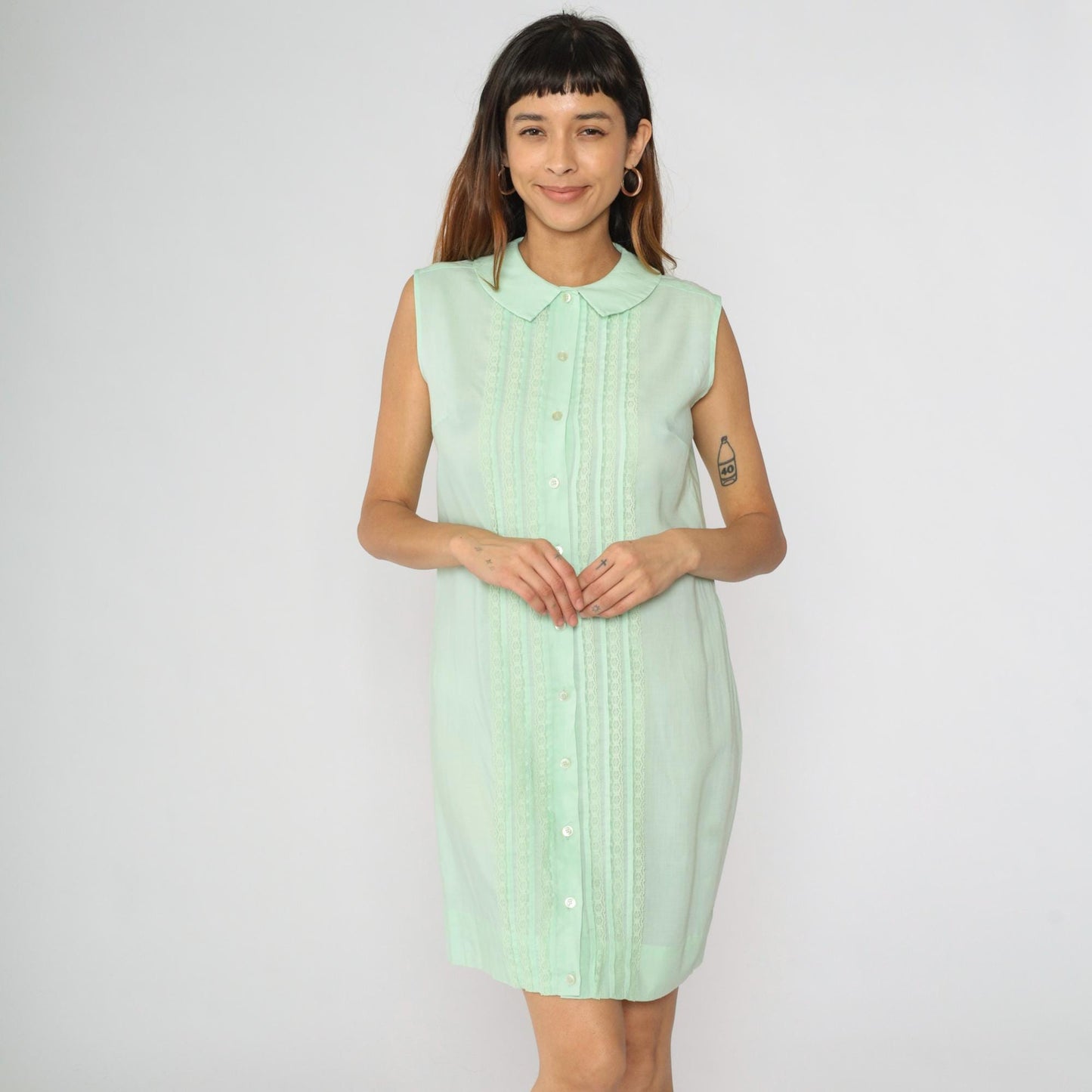 60s Mint Green Peter Pan Collar Mini Dress Sleeveless Button Front Medium