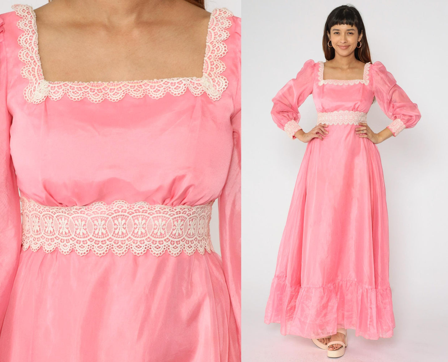 70s Pink Taffeta Evening Gown Puff Sleeve Square Neck Empire Waist Small