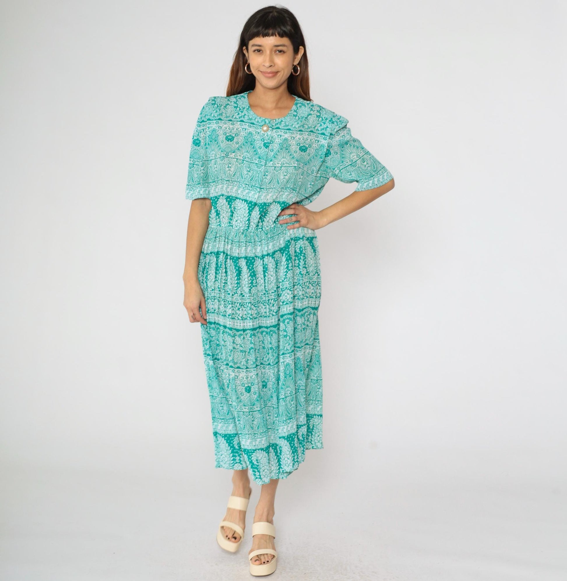 80s Green Paisley Midi Shirtwaist Dress High Waisted Pleated Short Sleeve Large L
