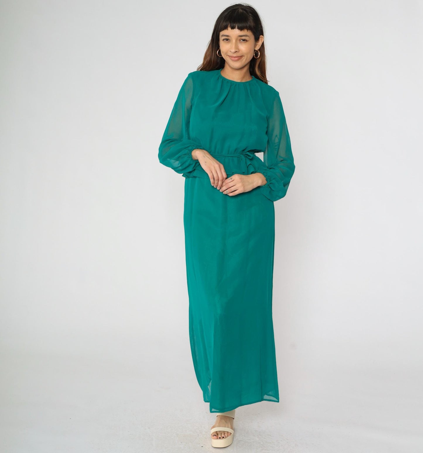 70s Teal Chiffon Maxi Dress High Waist Ruffle Sheer Sleeves Small