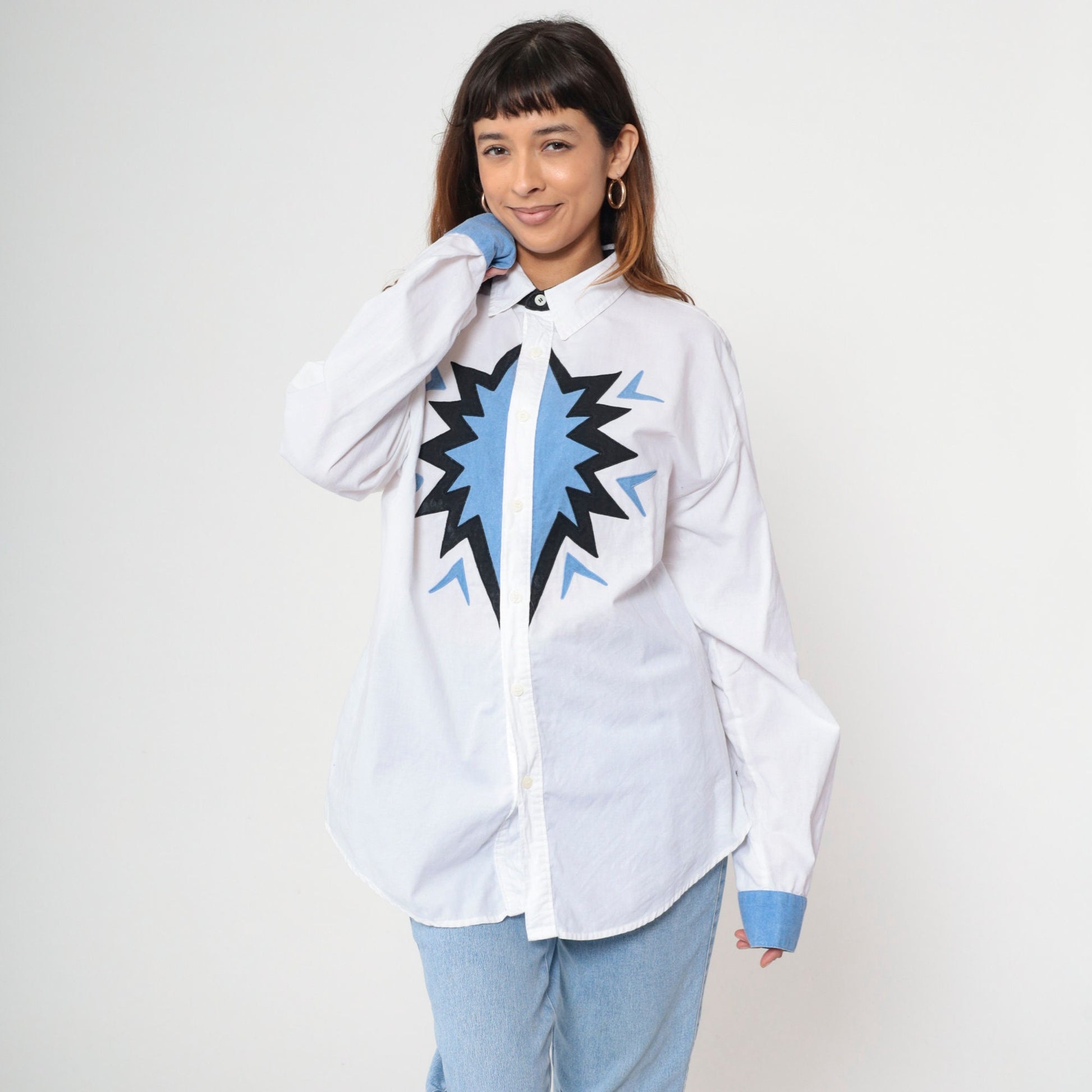 Y2K Southwestern Graphic Western Button-Up Shirt White Cotton Extra Large XXL