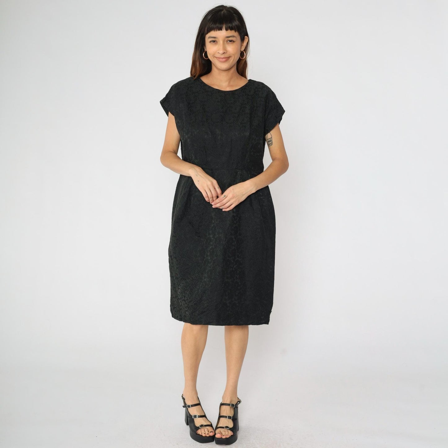 60s Black Brocade Sheath Dress Floral Cap Sleeve Midi Large L