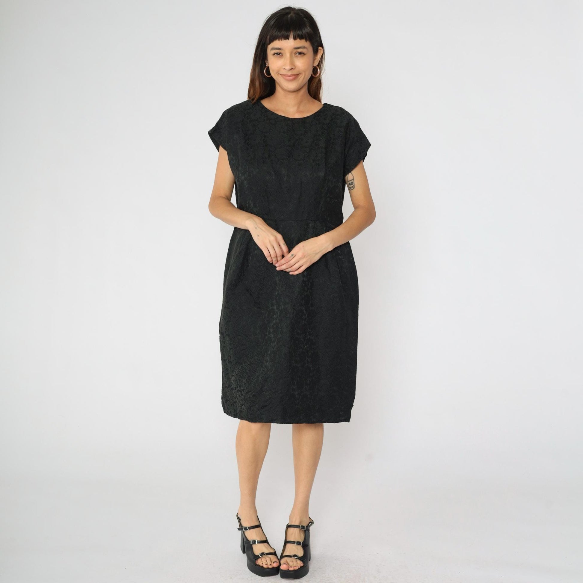 60s Black Brocade Sheath Dress Floral Cap Sleeve Midi Large L