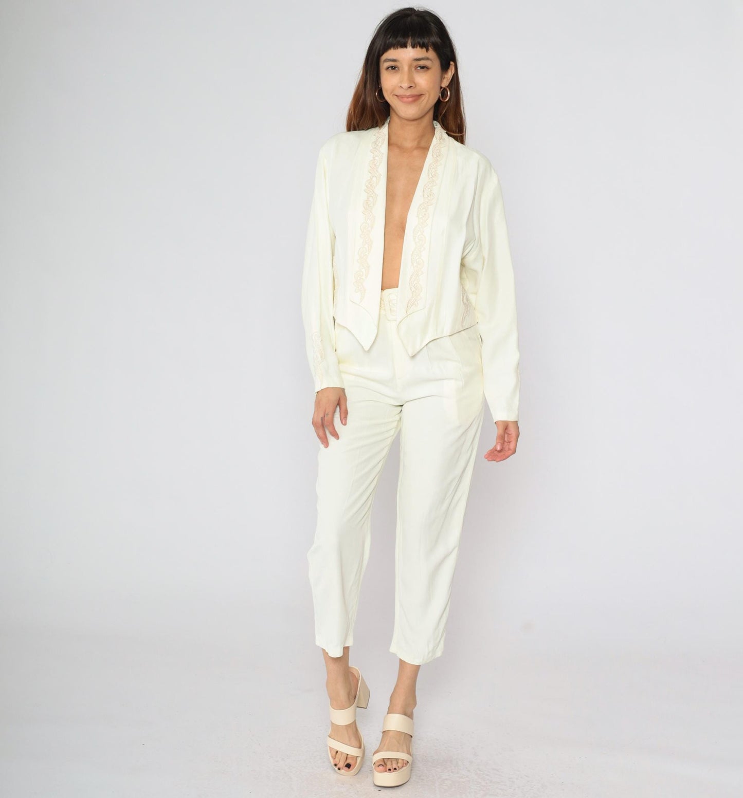 80s Two Piece Suit Cream Embroidered Blazer & Tapered Pants Set Small