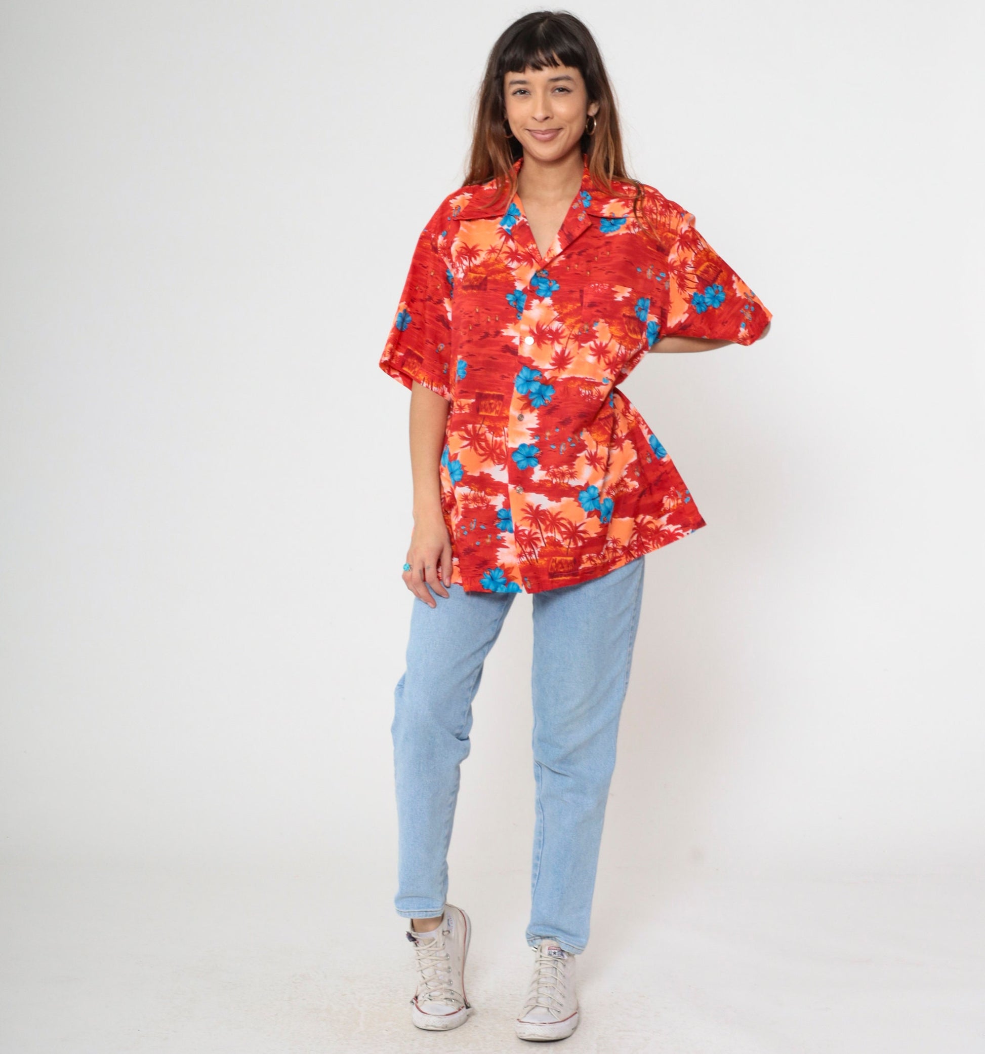 70s Hawaiian Shirt Tropical Floral Hula Dancer Palm Print Button Up Extra Large