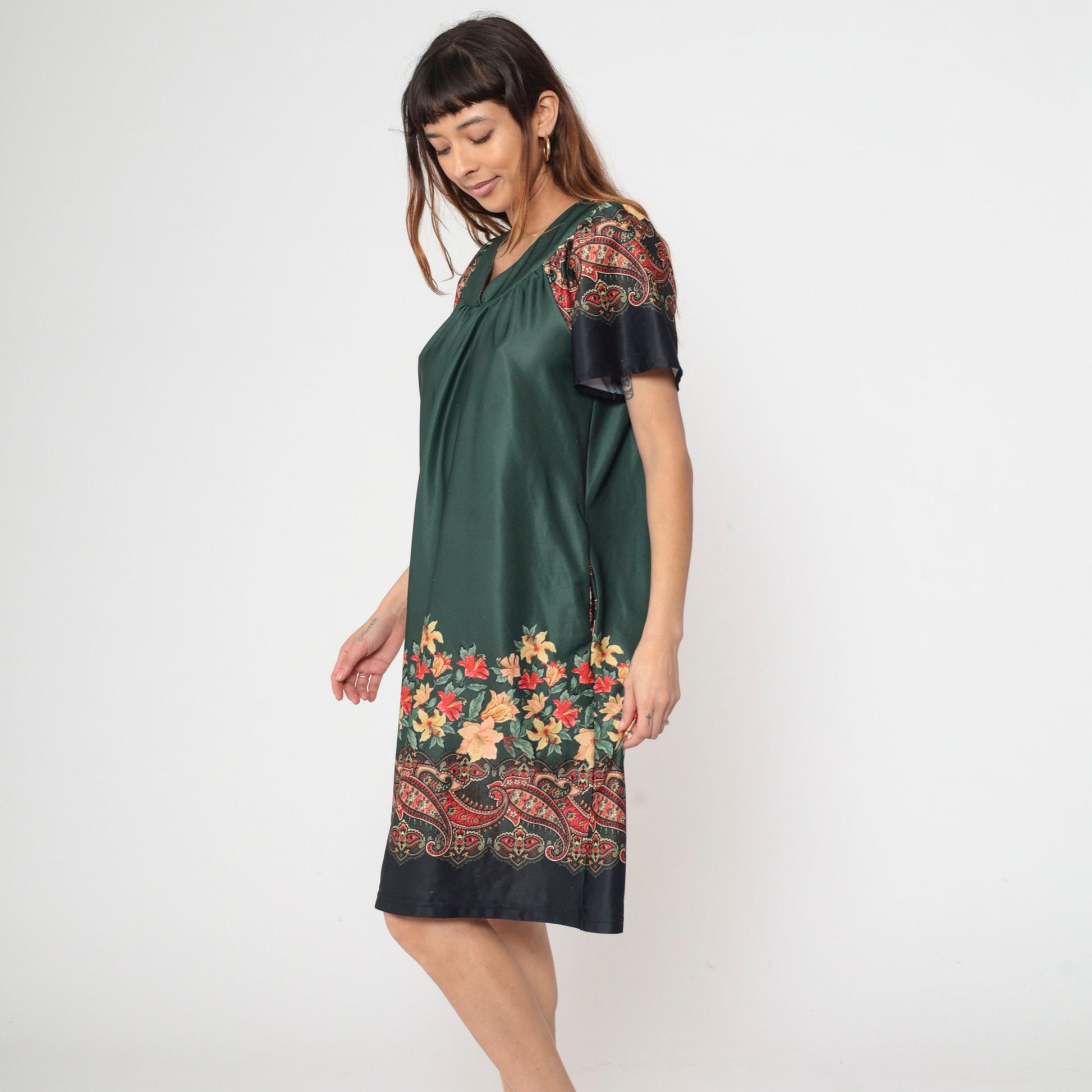 70s Dark Green Floral Paisley Tent Dress Midi Pockets Short Sleeve Extra Large