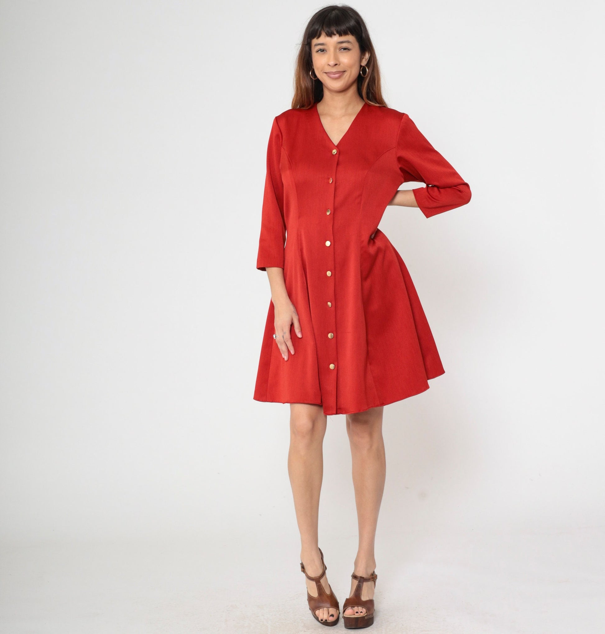 80s Red Button-Up Shirtdress V-Neck Princess Seam Flare Large