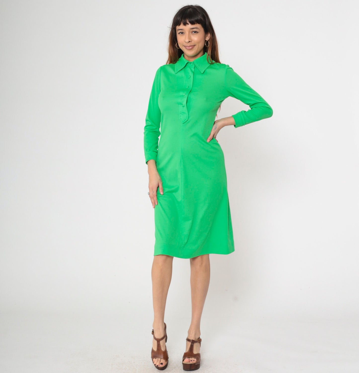 1970s Saks Fifth Avenue Lime Green Mod Shift Dress Collar Long Sleeve Small