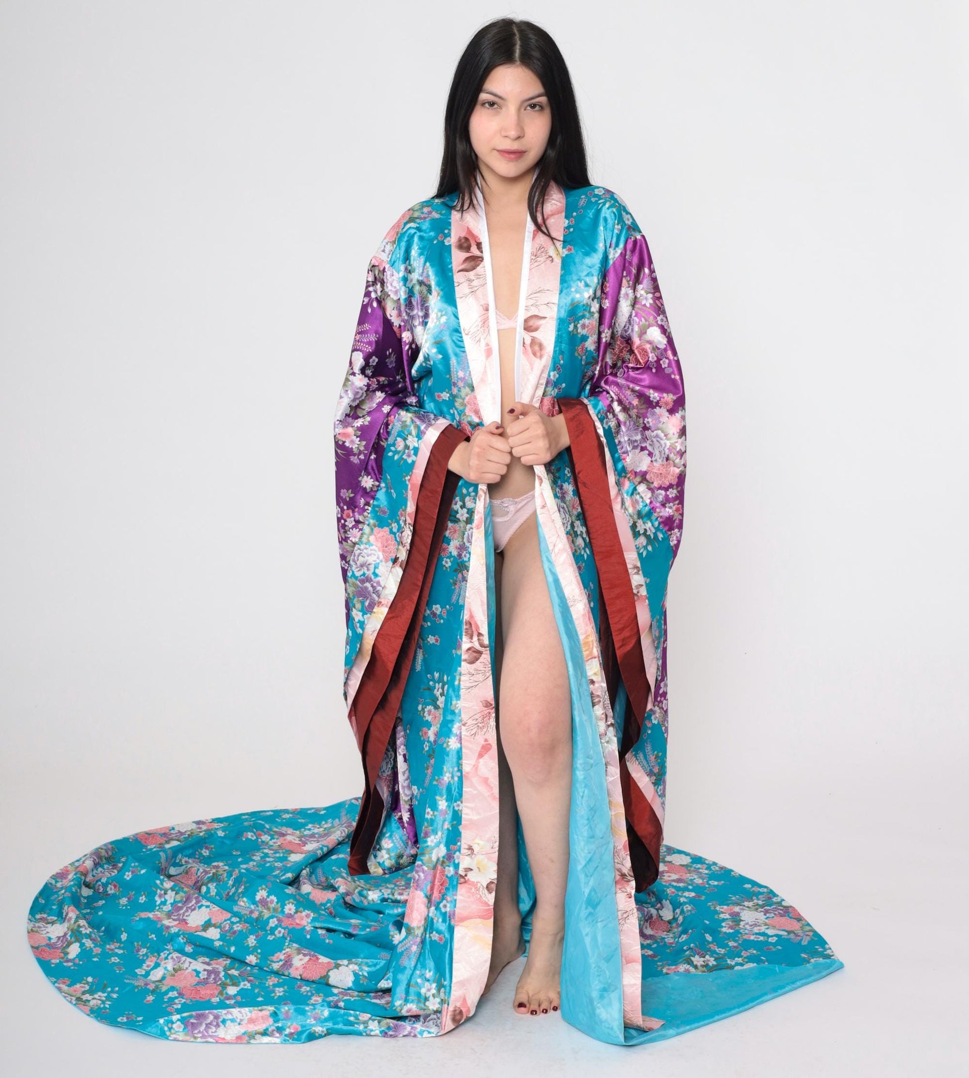 Vintage Floral Silk Kimono Robe Turquoise Purple Long Train Open Front