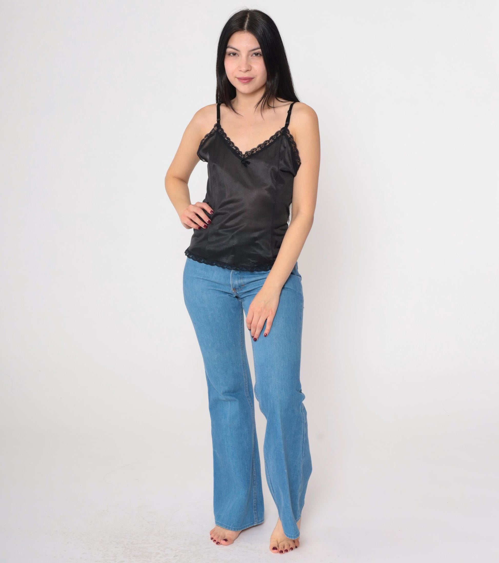 90s Black Camisole Lace Trim V-Neck Nylon Cami Top Small