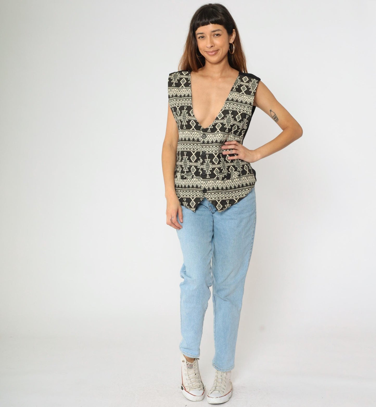 90s Southwestern Tapestry Vest Men's Button Up Sleeveless Black Cream Geometric Large L