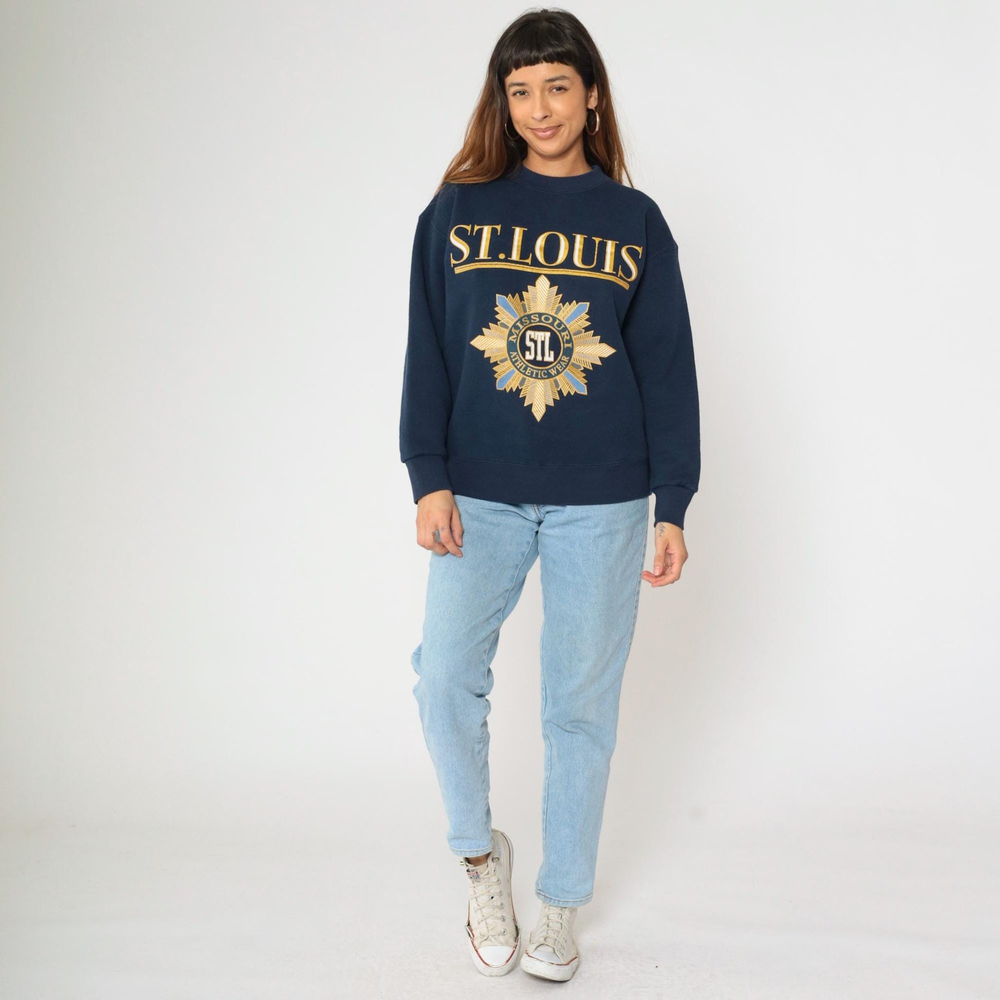 90s St. Louis Missouri Navy Crewneck Sweatshirt Gold Graphic Medium