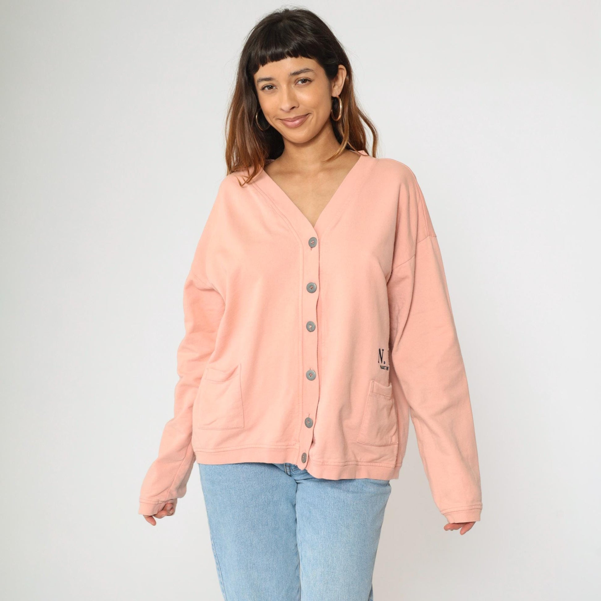90s Peach Cardigan Sweatshirt N.Y.I. Nature Brand Button Up Cotton Large L