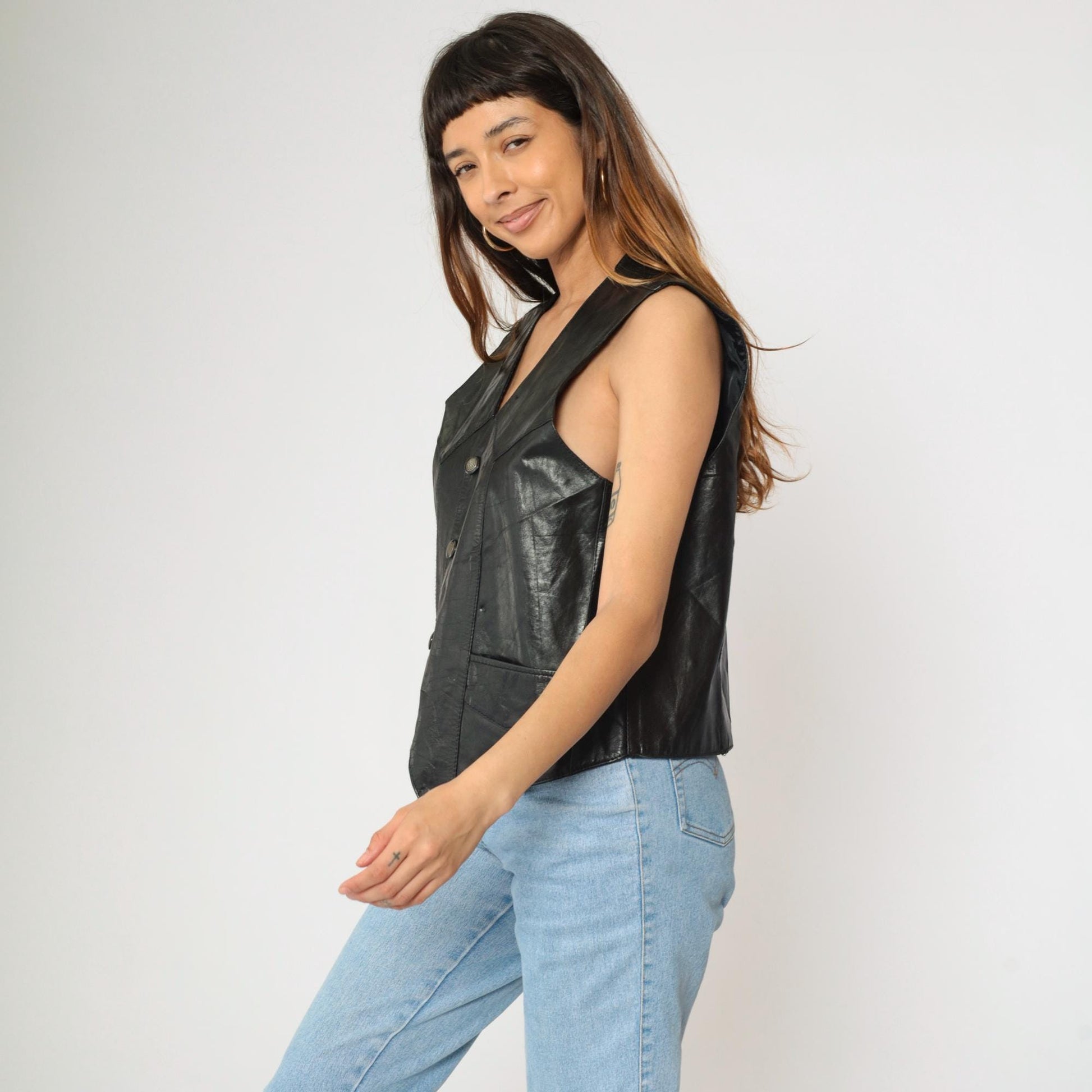 90s Black Leather Biker Vest Snap Front V Neck Sleeveless Medium