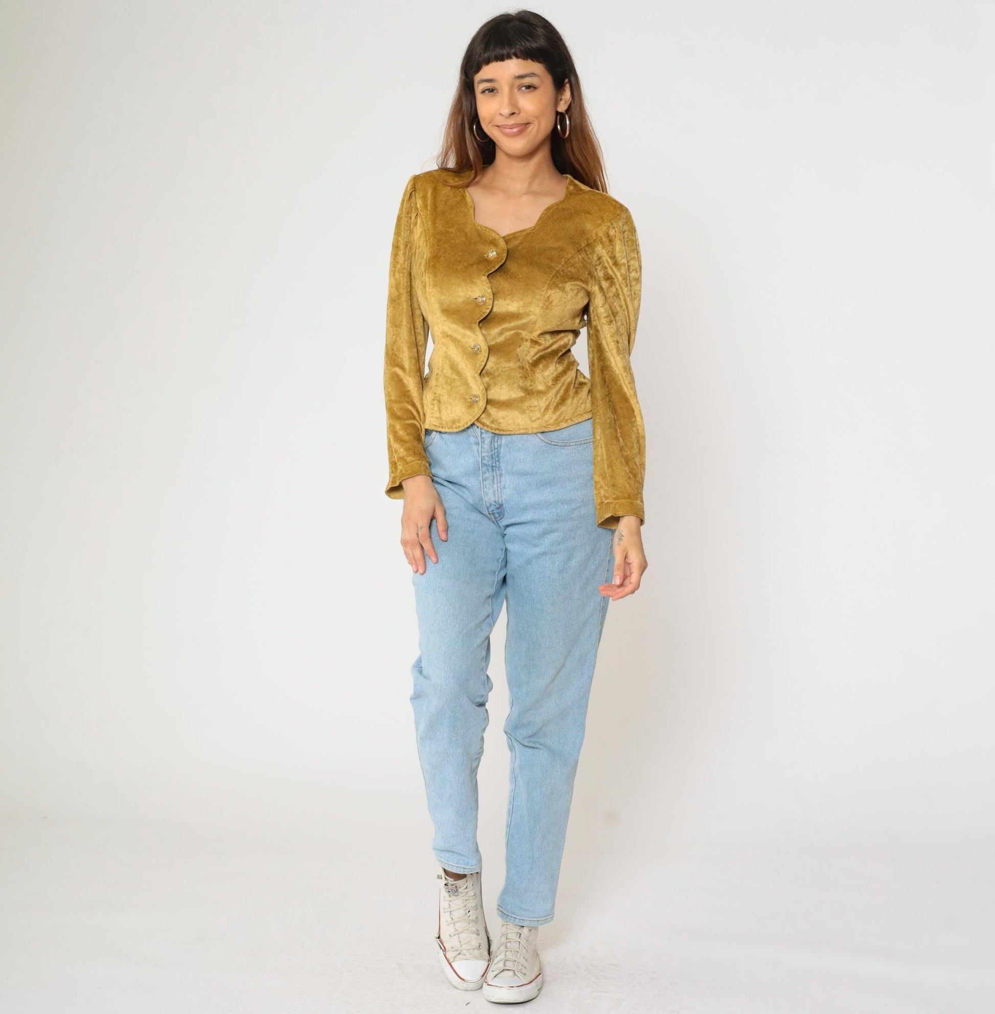 80s Betty Barclay Gold Velour Blouse Puff Sleeve Scalloped Button Medium