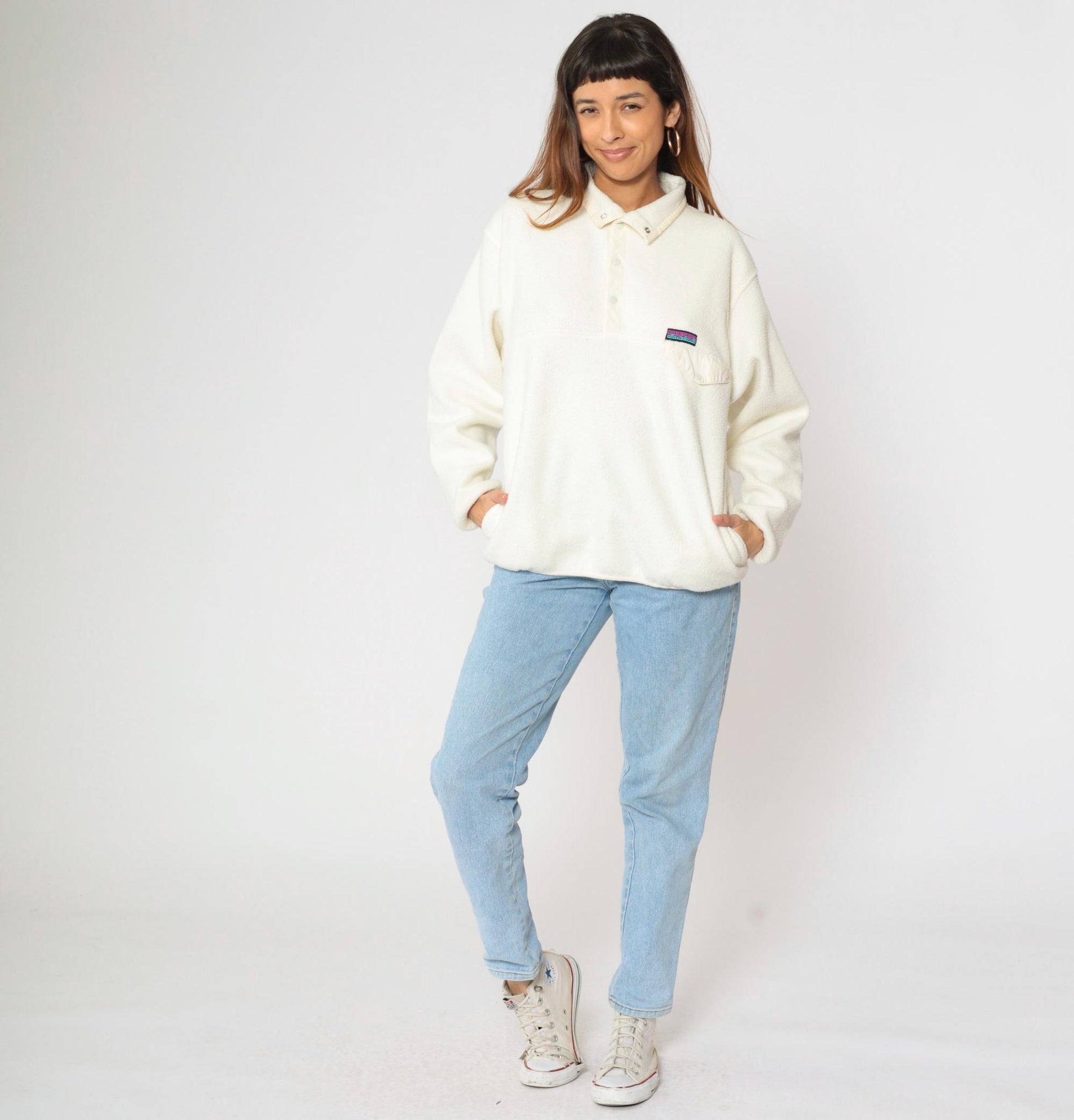 90s Gap Cream Fleece Quarter-Snap Sweatshirt Small