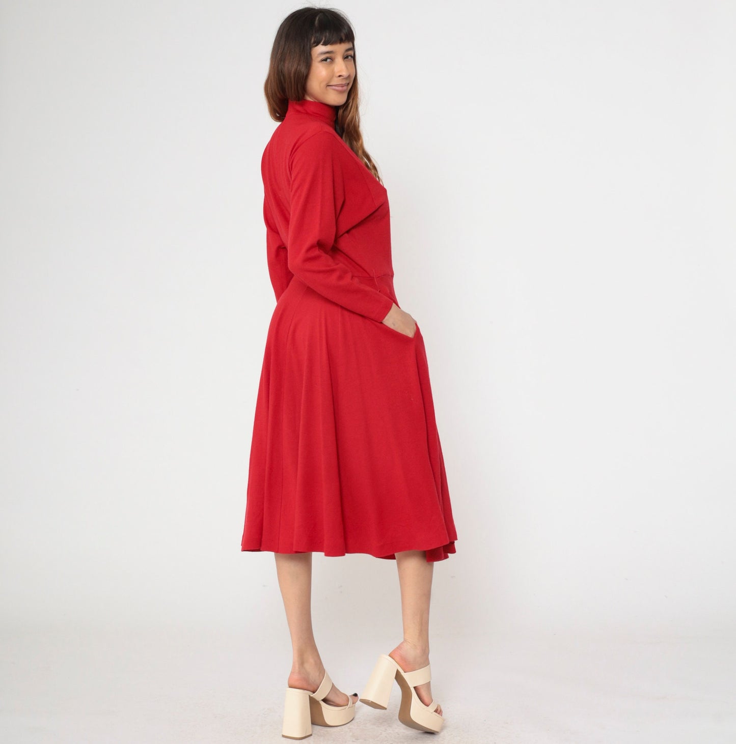 90s Karen Kane Red Wool Midi Dress Mock Neck Long Sleeve Small 4