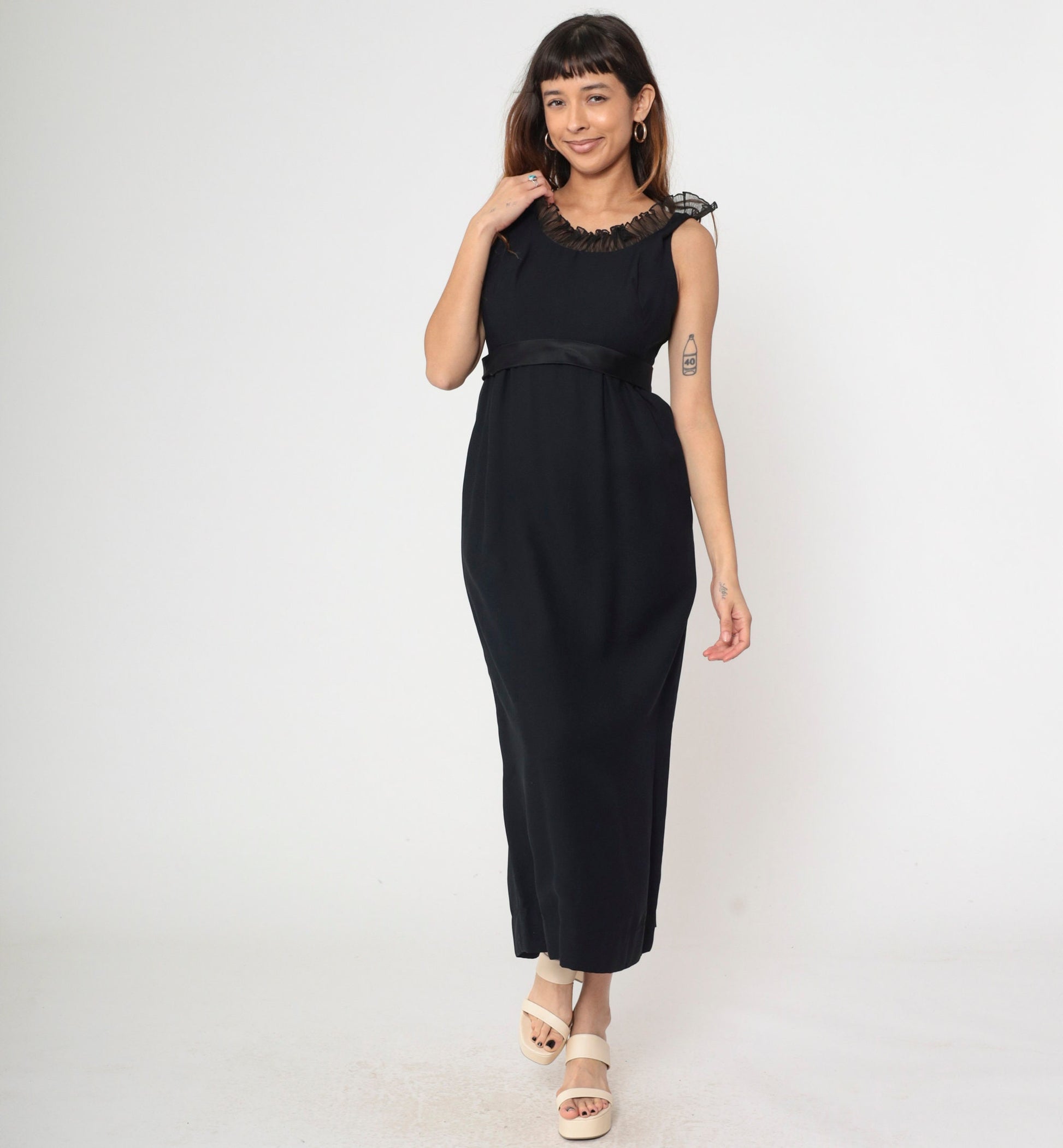 60s Black Empire Waist Maxi Dress Ruffled Neckline Satin Bow Small