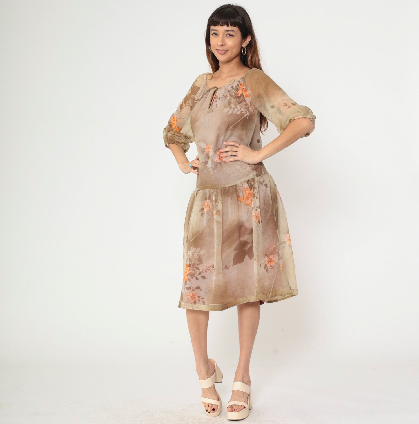 70s Brown Floral Midi Dress Keyhole Bow Neckline Drop Waist Medium