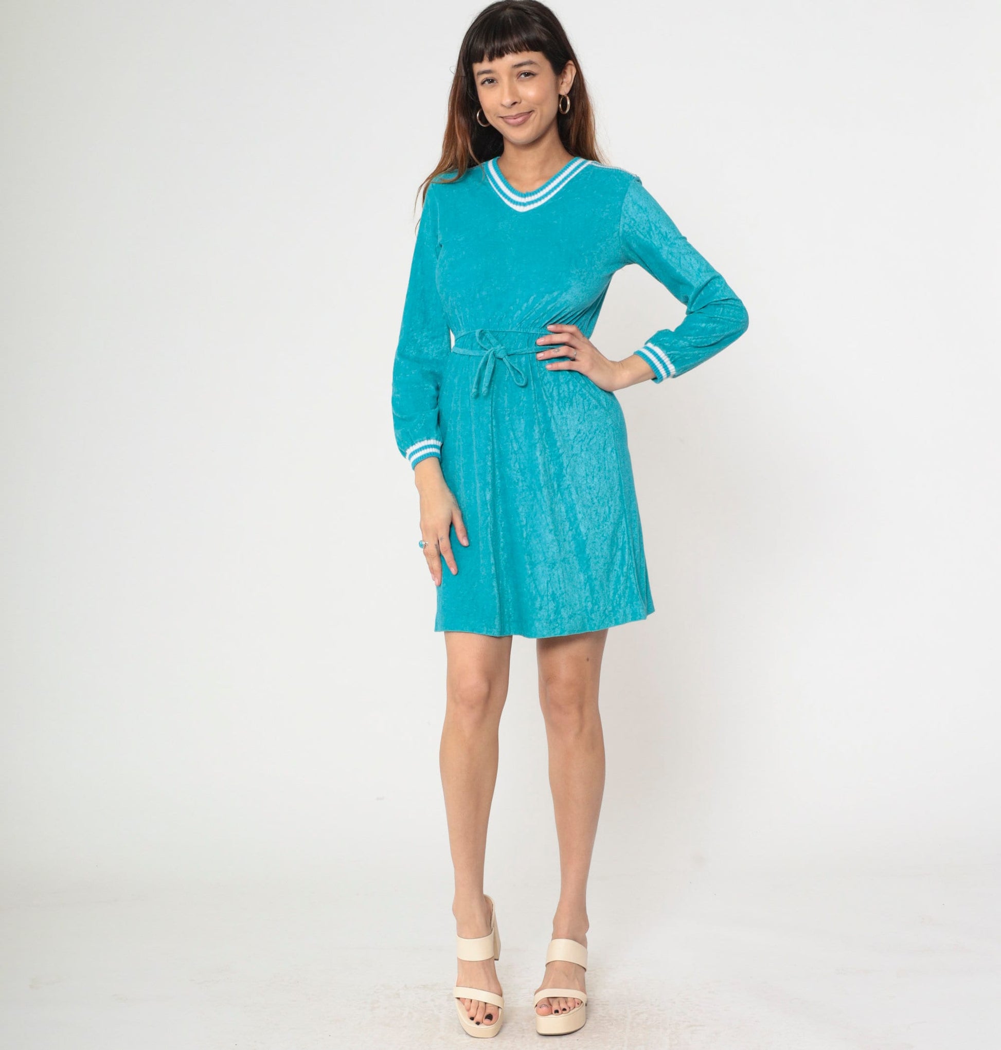 70s Turquoise Terry Cloth Mini Dress V-Neck Long Sleeve Elastic Waist Extra Small