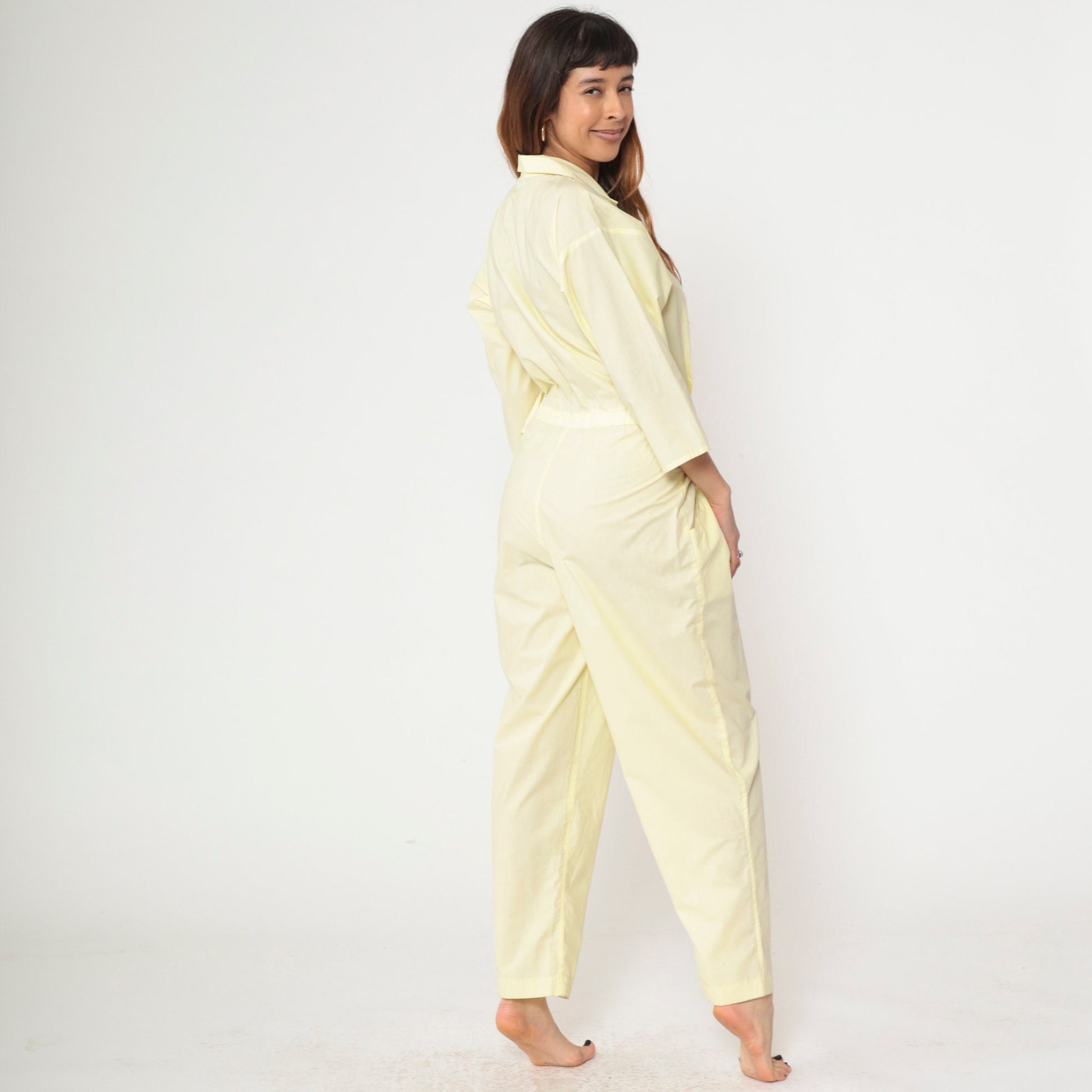 80s Yellow Jumpsuit Snap Button Tapered Leg Basque Waist Chest Pocket Medium