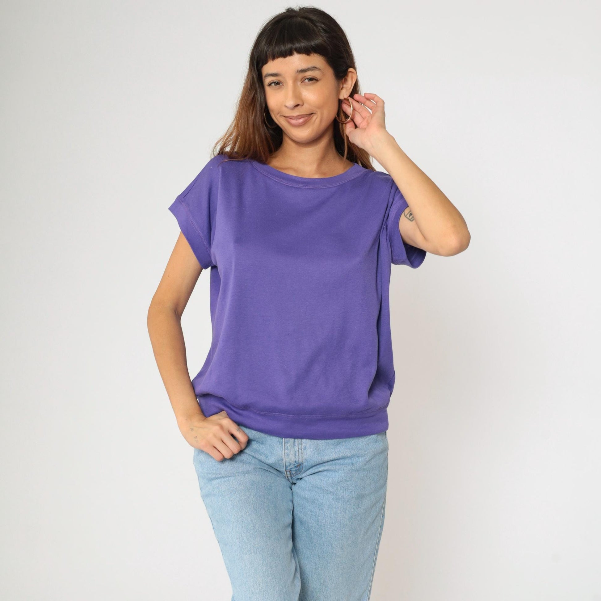 90s Purple T-Shirt Dolman Sleeve Banded Hem Slouchy Fit Large