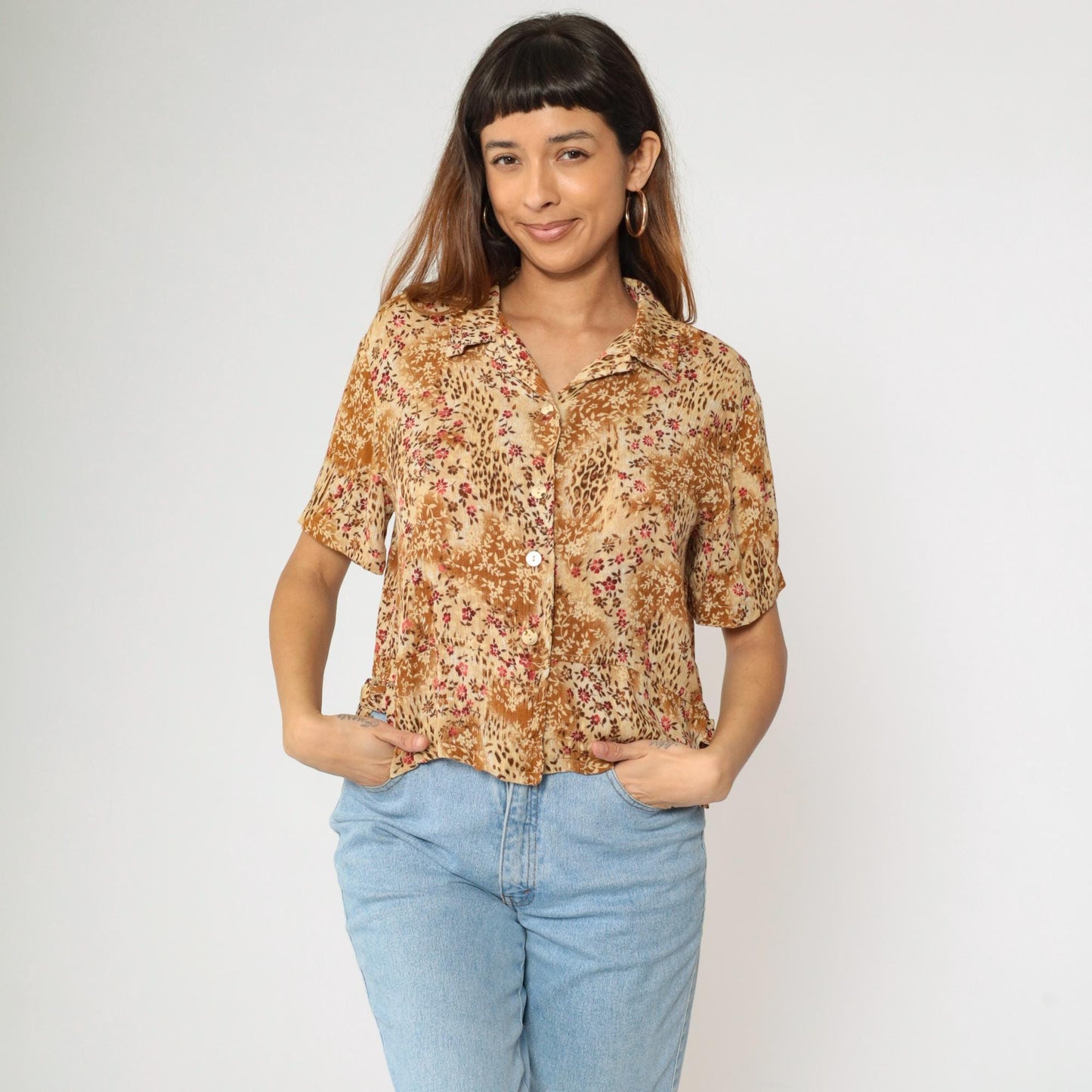 90s Kathie Lee Leopard Floral Button Up Blouse Tan Brown Short Sleeve Medium
