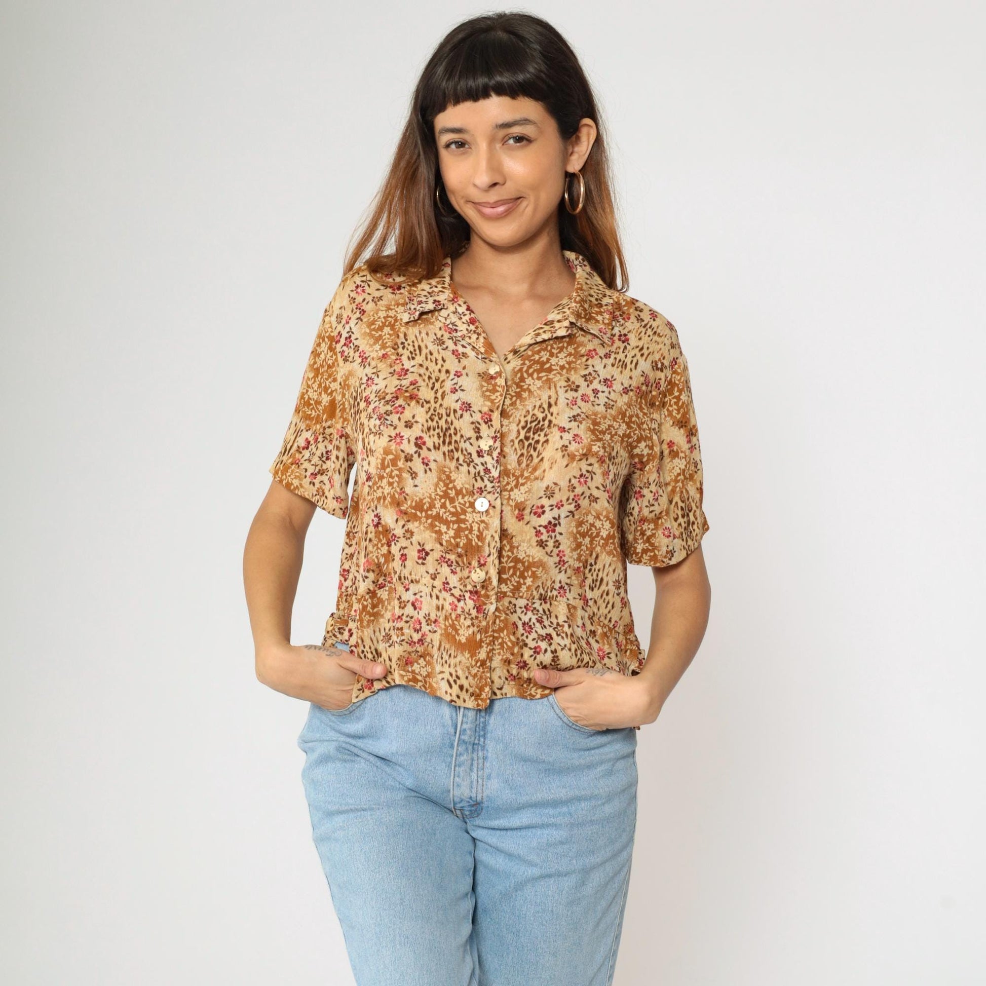 90s Kathie Lee Leopard Floral Button Up Blouse Tan Brown Short Sleeve Medium