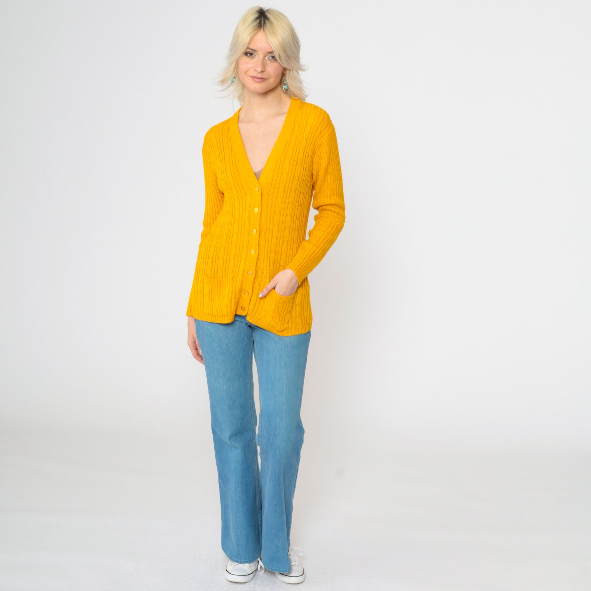 70s Tangerine Cable Knit Cardigan V Neck Button Up Orange Small