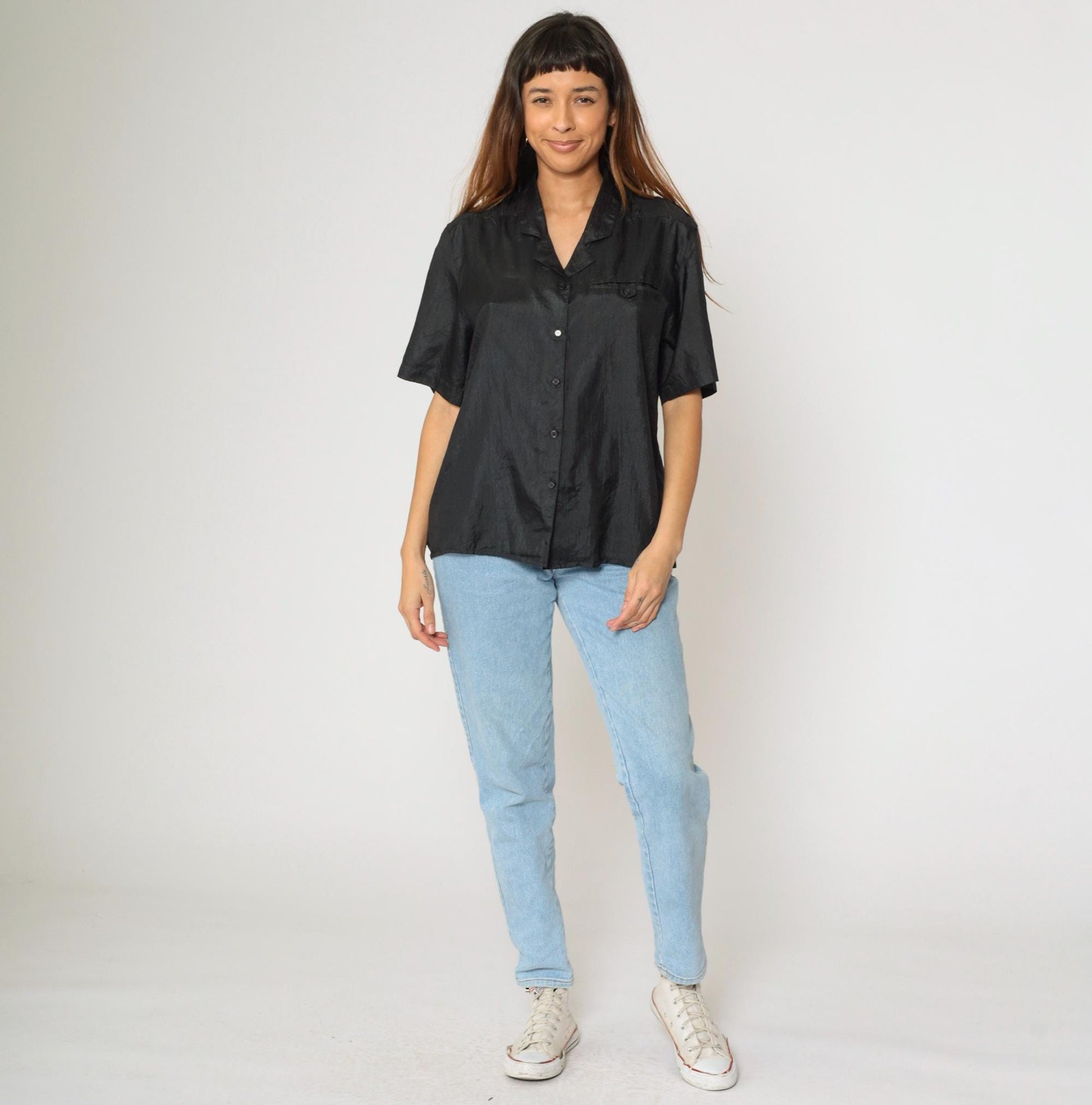 90s Black Polyester Button-Up Blouse Chest Pocket Short Sleeve Large L