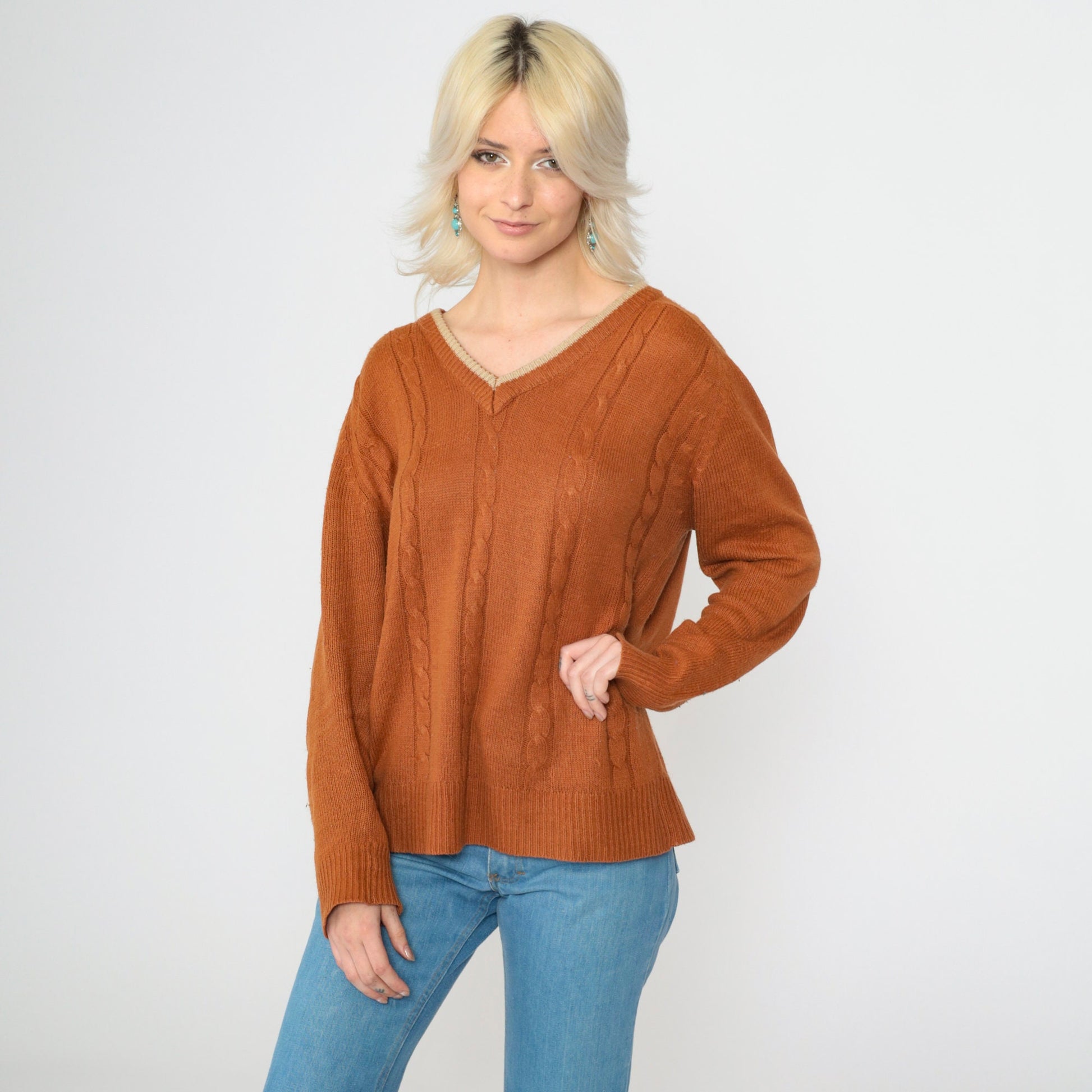 70s Van Cortt Cable Knit V-Neck Sweater Burnt Orange Pullover Large