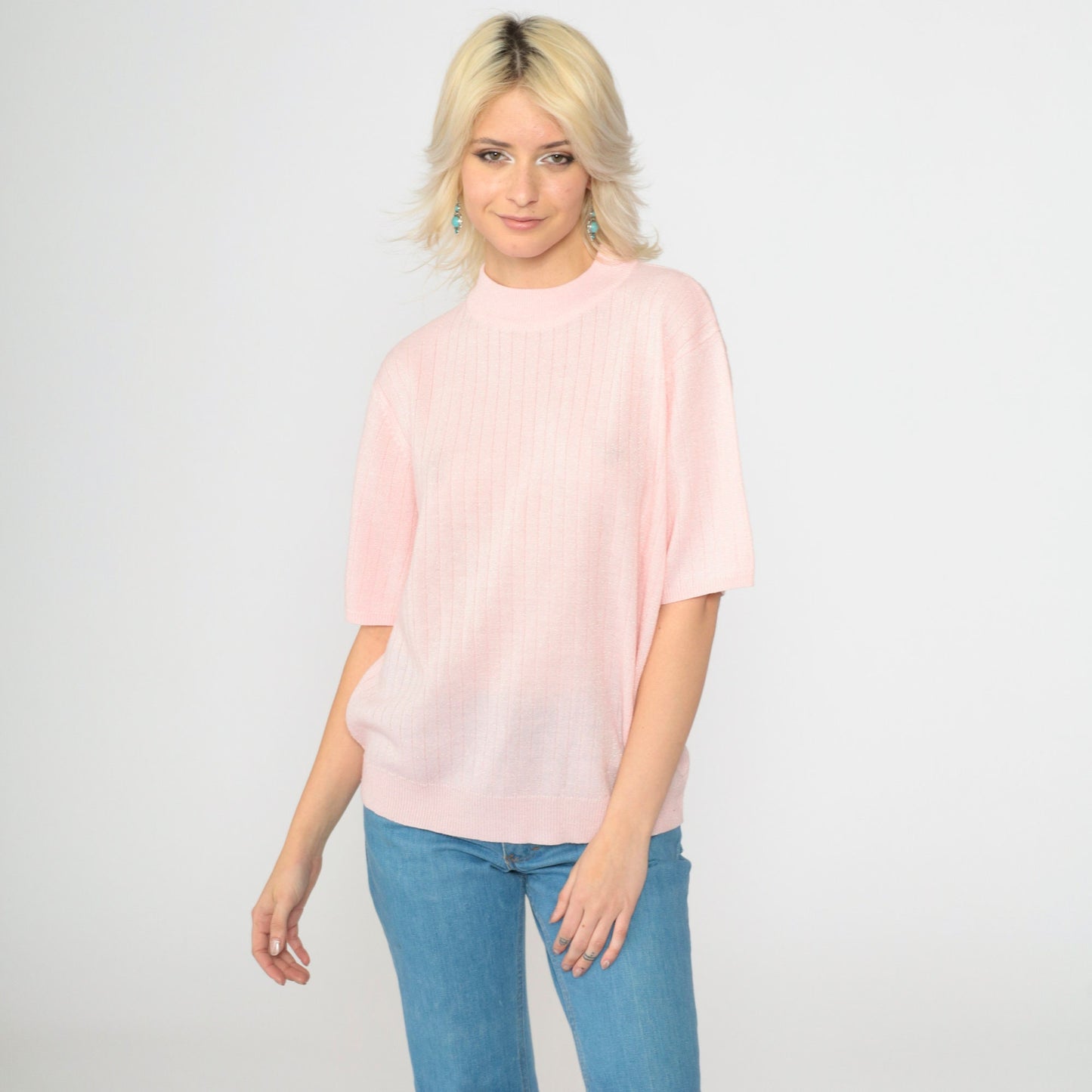 90s Sag Harbor Pink Metallic Knit Sweater Mock Neck Short Sleeve Extra Large XXL