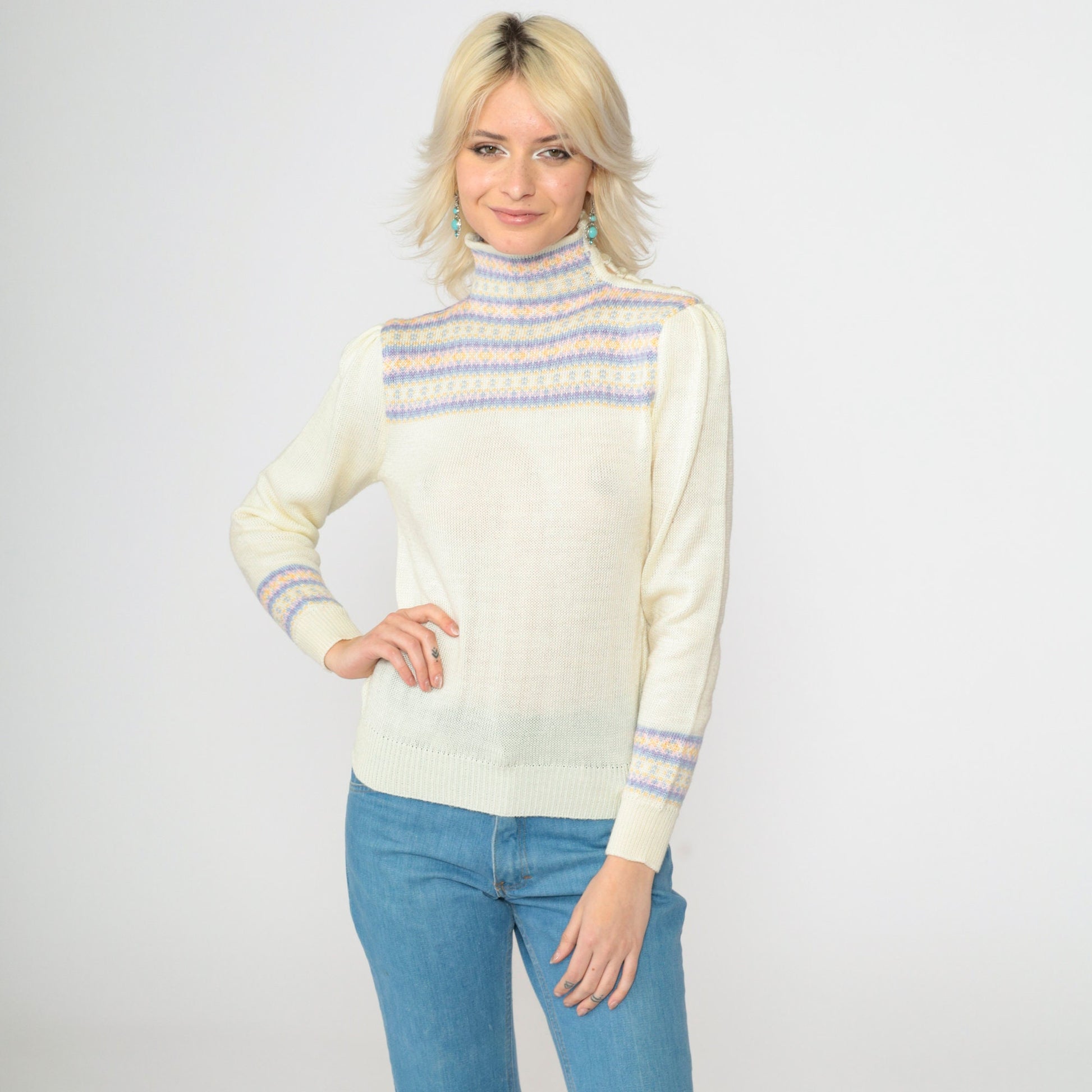 80s Fair Isle Sweater Ivory Puff Sleeve High Neck Knit Pullover Extra Small