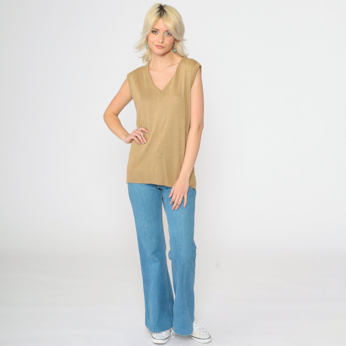 70s Tan Knit Sweater Vest V-Neck Sleeveless Tank Top Medium