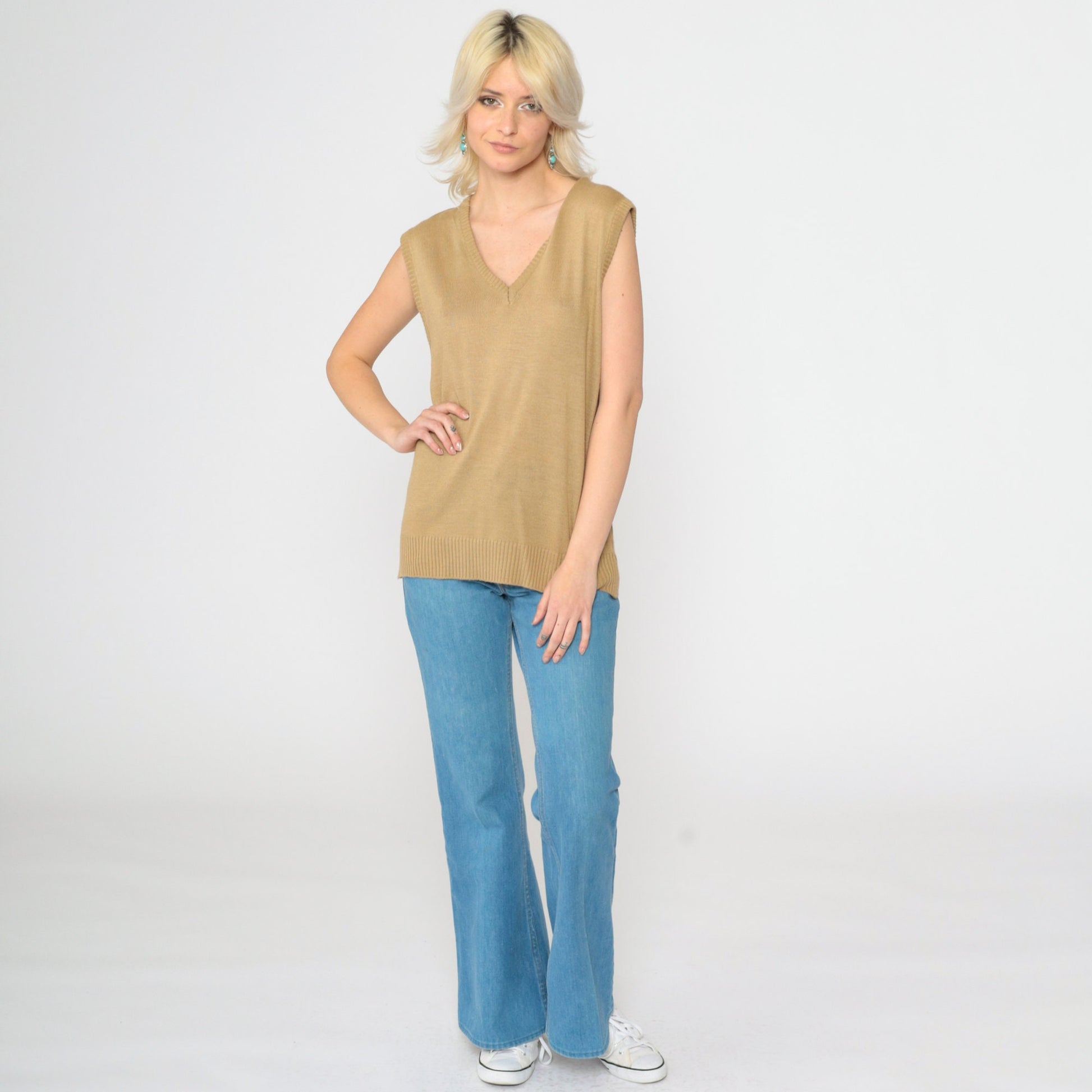 70s Tan Knit Sweater Vest V-Neck Sleeveless Tank Top Medium