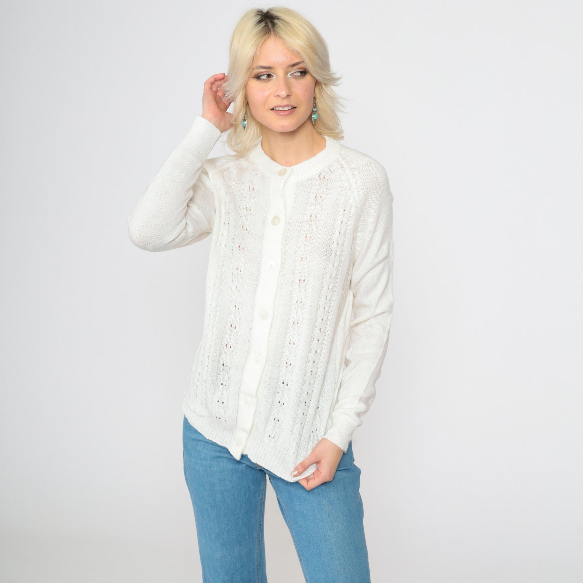 70s White Pointelle Cardigan Open Weave Knit Button Up Raglan Medium