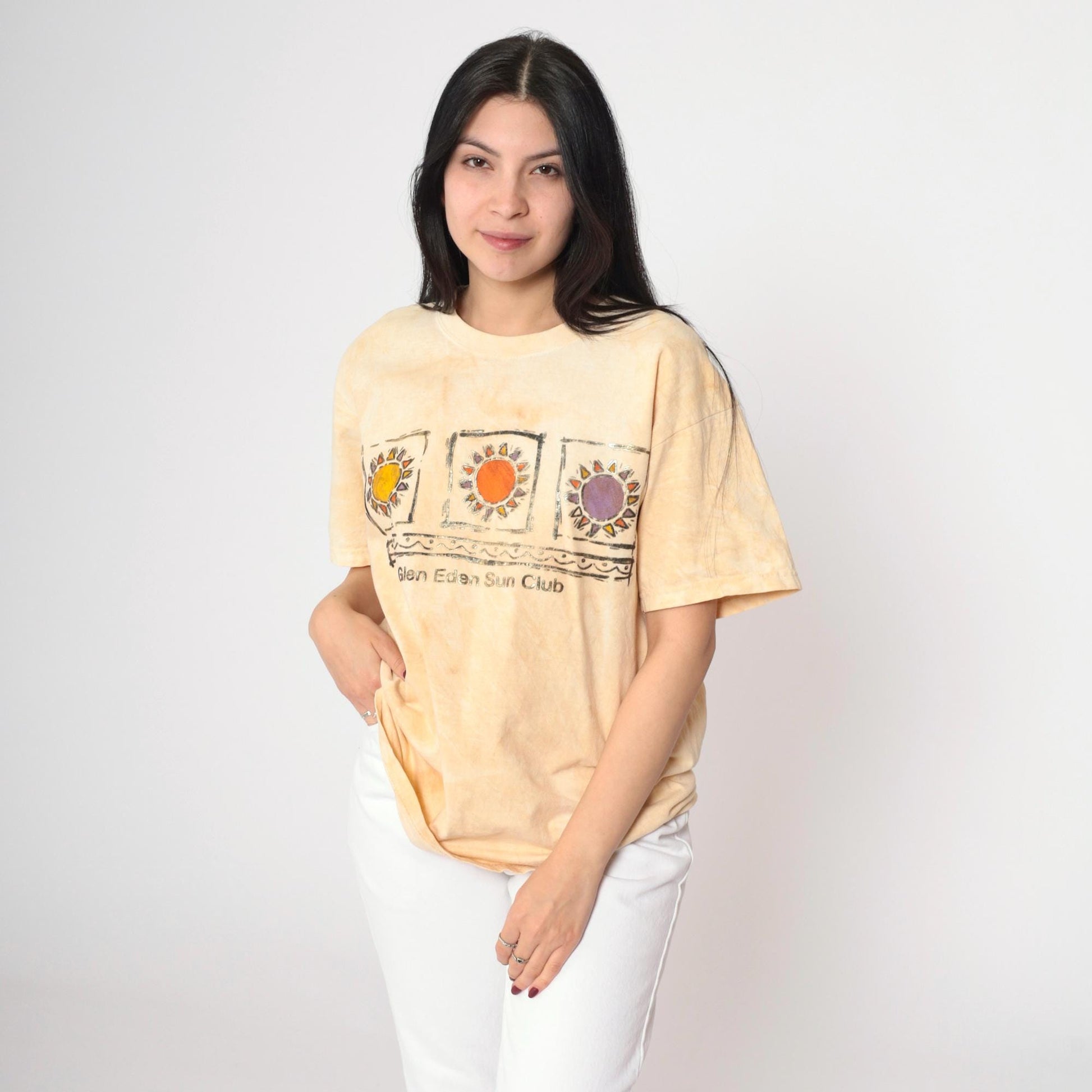 90s Glen Eden Sun Club Tie Dye Graphic T-Shirt Yellow Metallic Large