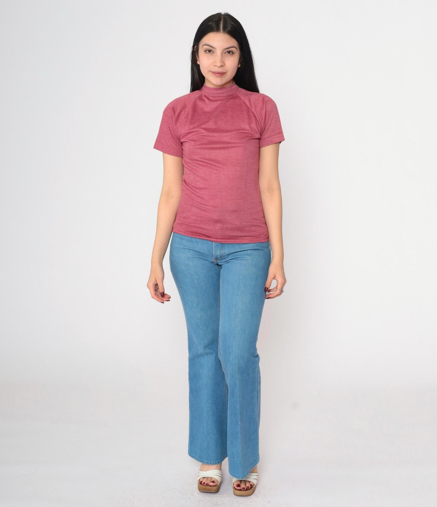 80s Pink Mock Neck Raglan T-Shirt Single Stitch Extra Small XS