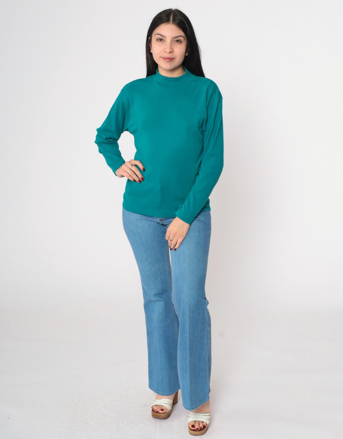 90s Teal Mock Neck Long Sleeve T-Shirt Small S
