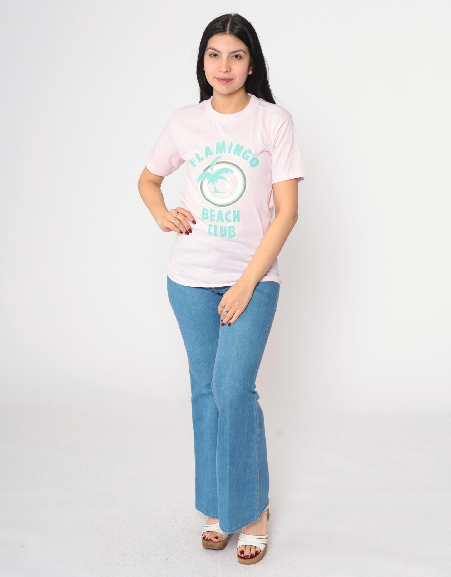 80s Pink Flamingo Beach Club Graphic Tee Single Stitch Crewneck Extra Small