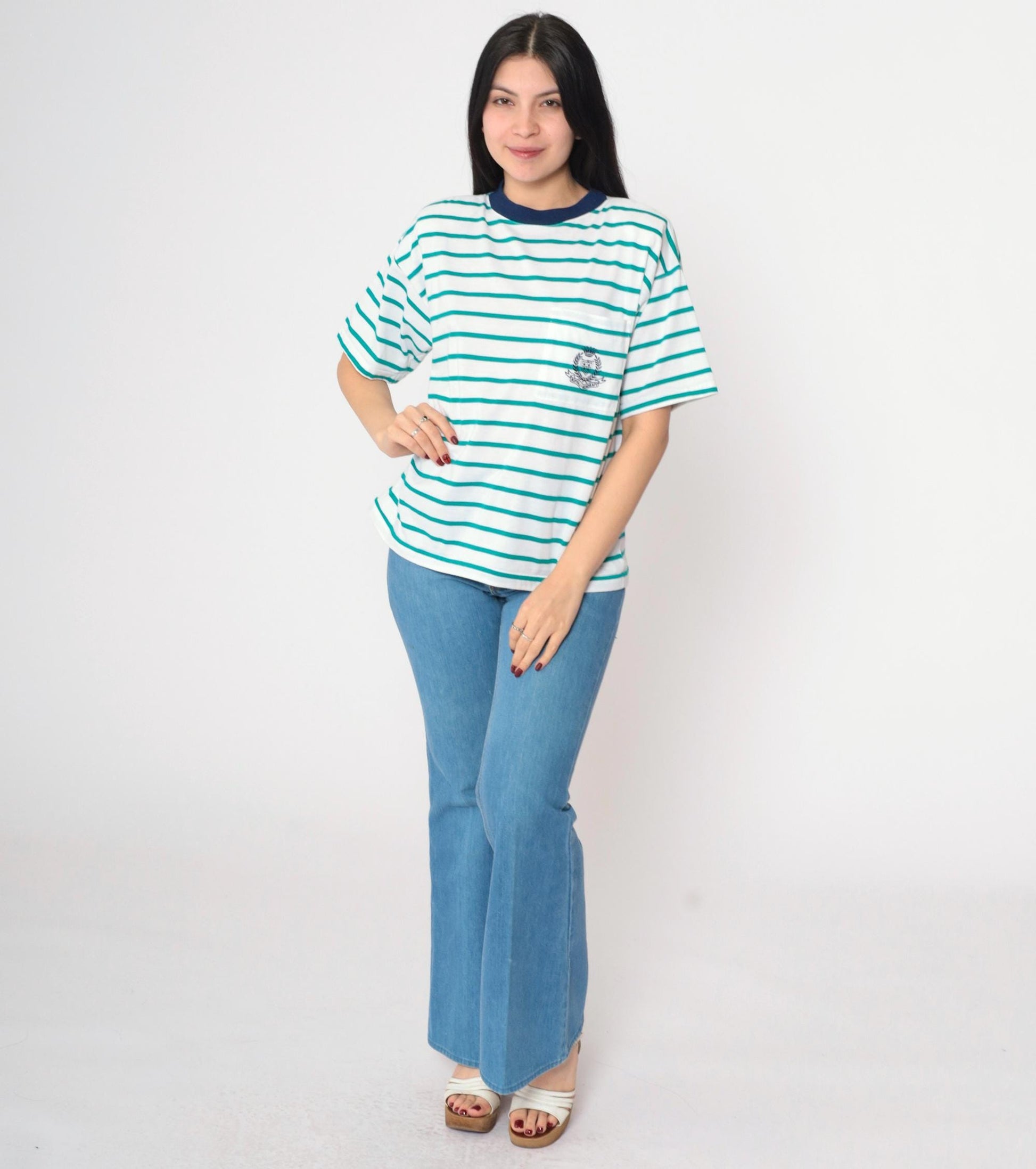 90s Royal Academy Crest Striped T-Shirt Green White Ringer Tee Medium