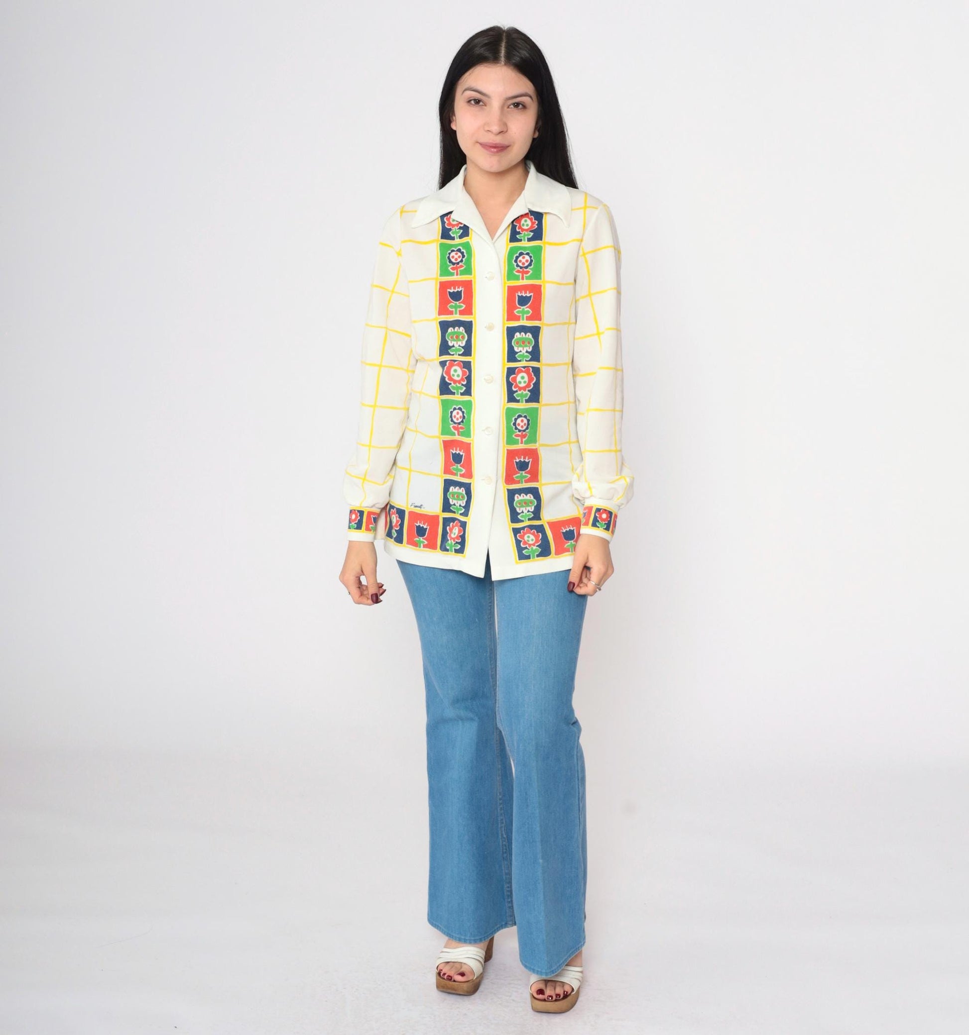70s Floral Checkered Button-Up Blouse Dagger Collar Long Sleeve White Small