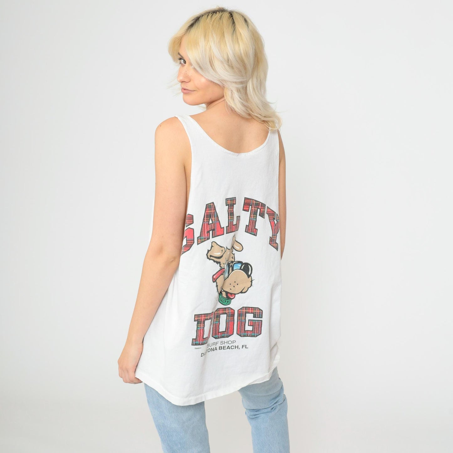 90s Salty Dog Surf Shop Tank Top Daytona Beach Florida Graphic White Extra Large XL