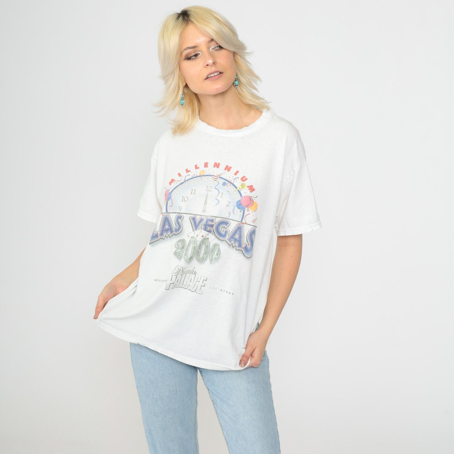 Y2K Las Vegas Nevada Palace Millennium Graphic Tee Distressed Cotton Medium